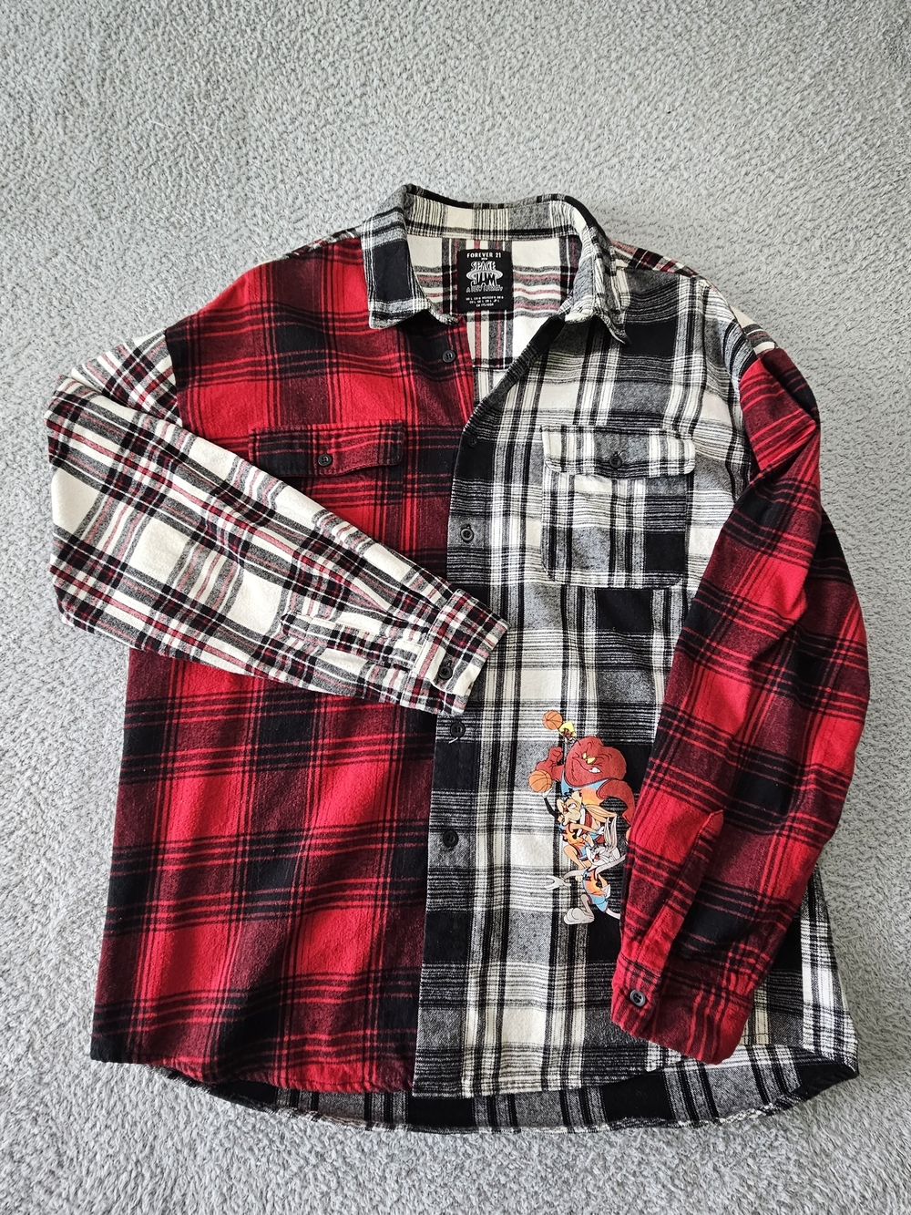 Forever 21 Red, Black & White Split Plaid Button-Up Shirt with Graphic